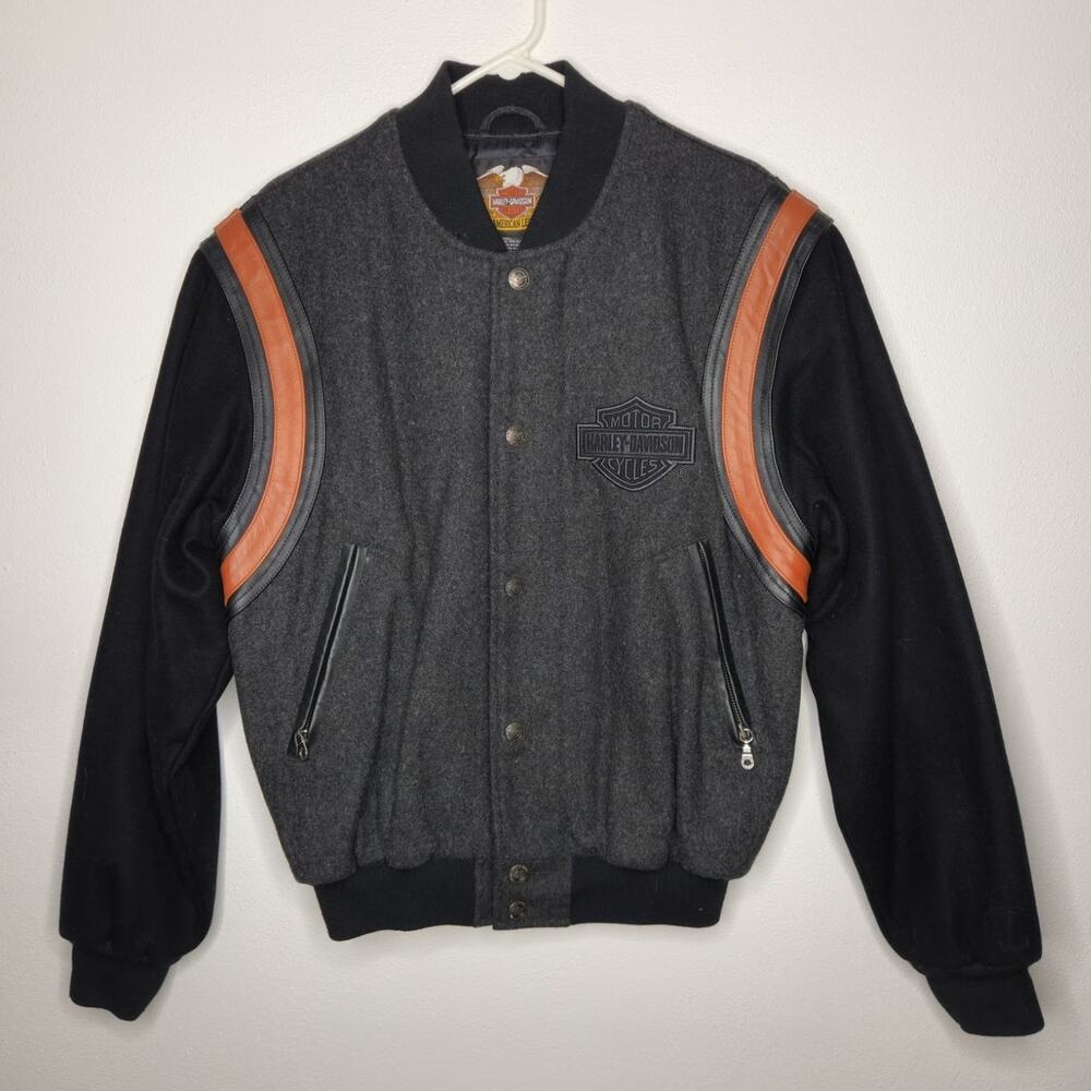 Harley Davidson Zip Coat Jacket Biker Black HD Wool Blend Double Sided Quilted